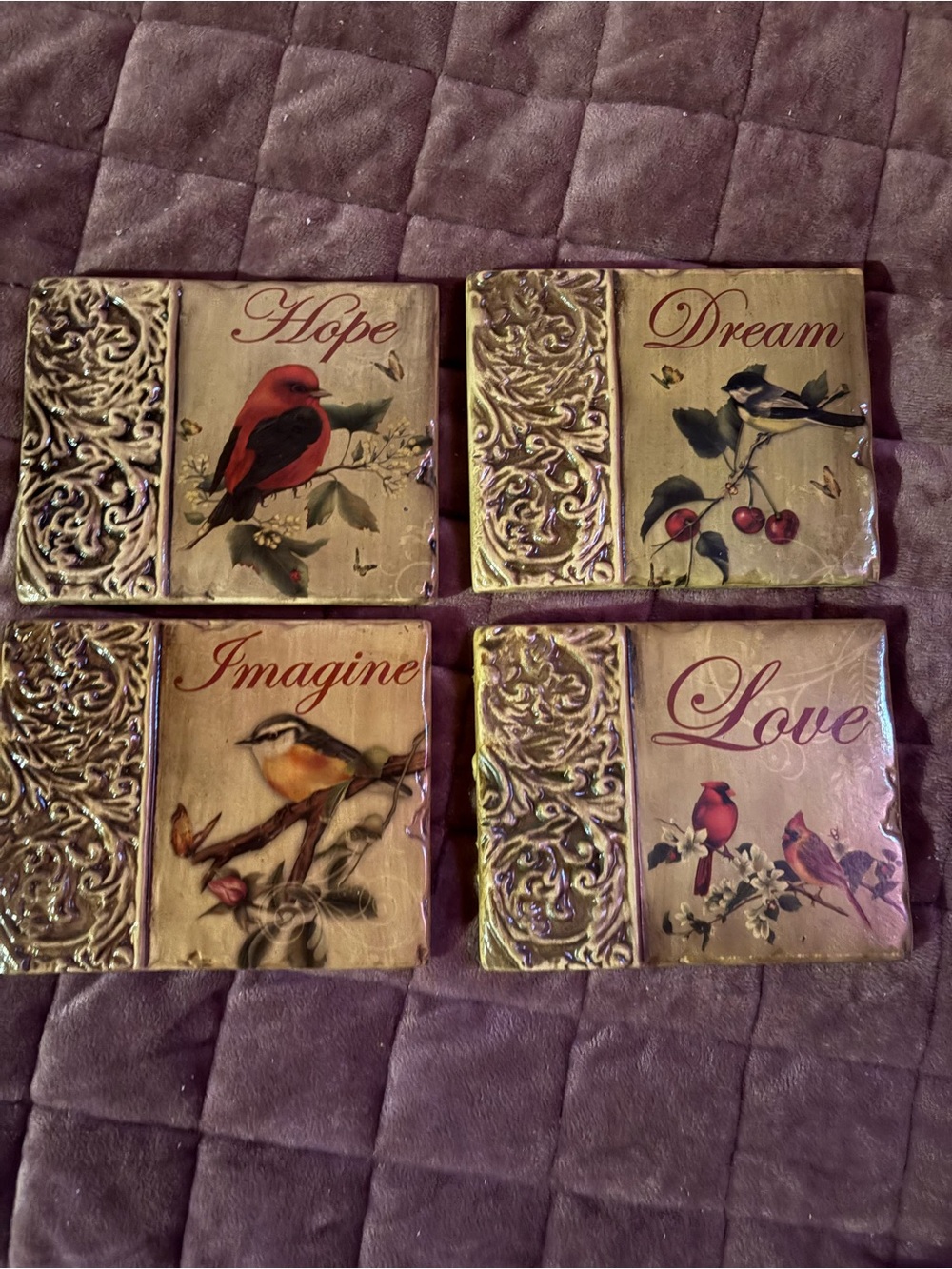 Decorative vintage Bird Wall Plaque Set - Hope Dream Imagine Love - Gold Accent